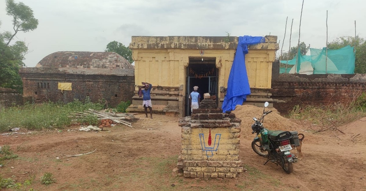 Nellithope Temple (front view) during wall repairs