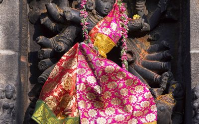 Carved stone idol of Mahishasur Mardini slaying  demon buffalo, Nataraja Temple, Chidambaram, Tamil Nadu. It is one of the five holiest Shiva temples, representing one of the five natural elements